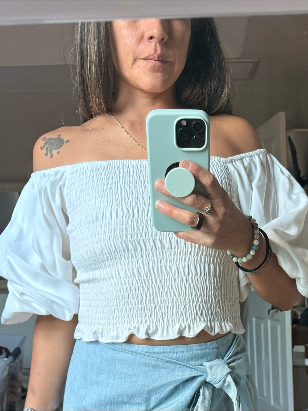 Olivaceous White Off-Shoulder Smocked Puff-Sleeve Crop Top